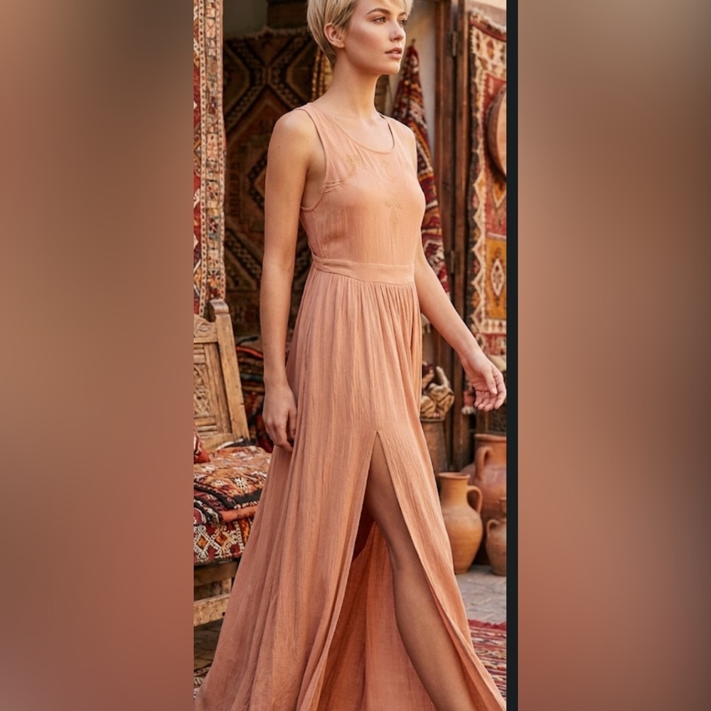 Knot Sisters Celestial Embroid Overall Maxi Dress Peach Covered Button Back S
